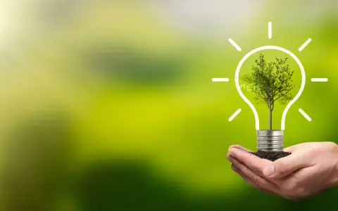 Dłoń trzyma żarówkę z drzewem w środku, symbolizującą zieloną energię. To jakby falownik co to jest, ale dla natury.