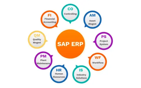 Schemat modułów SAP ERP: FI, CO, AM, PS, WF, IS, HR, PM, QM.