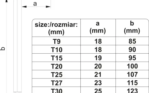 Tabela z różnymi rodzajami kluczy torx, od T9 do T40, wraz z ich wymiarami.