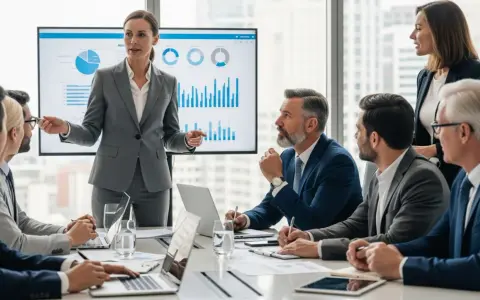 Kobieta prezentuje dane finansowe, omawiając strategię firmy, która może obejmować analizę SAP JPK. Zespół słucha uważnie.