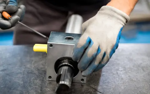 Ręce w rękawiczkach montują element mechaniczny, prawdopodobnie sprzęgła zębate, używając narzędzi.