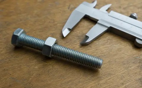 Śruba z nakrętką i suwmiarka na drewnianym blacie. Pozwala to zrozumieć, czym jest gwint i jak go mierzyć.