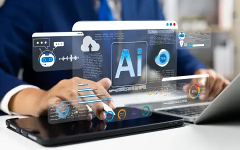 Biznesmen analizuje dane na ekranie z technologią AI, która usprawnia procesy, jak w Epicor ERP.