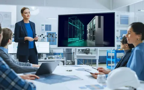 Zespół omawia projekt z wykorzystaniem oprogramowania Siemens PLM. Na ekranie widoczny jest trójwymiarowy model szafy sterowniczej.