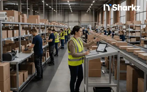 Kobieta w kamizelce odblaskowej nadzoruje pracę magazynu, gdzie trwa automatyzacja logistyki. Pracownicy sortują paczki na taśmie.