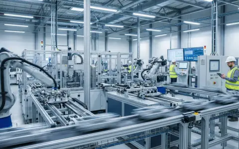 Nowoczesna linia produkcyjna z robotami przemysłowymi, gdzie pracownicy nadzorują procesy i wykonują przeglądy okresowe.