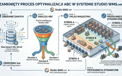 Schemat procesu optymalizacji ABC w systemie Studio WMS.net: zbieranie danych, analiza ABC, układ magazynu i dynamiczne przesunięcia towarów.