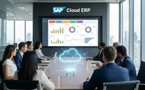 Zespół omawia dane na ekranie z logo SAP Cloud ERP. To pokazuje, sap co to jest: system zarządzania zasobami przedsiębiorstwa w chmurze.