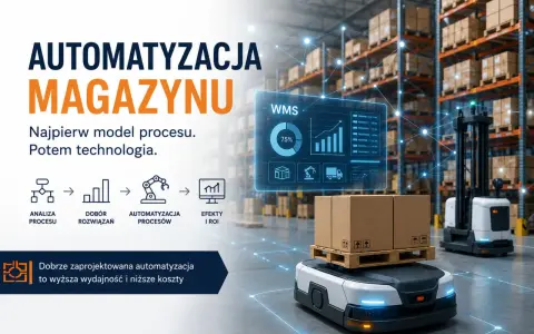Nowoczesny magazyn z autonomicznym robotem transportującym paczki. Automatyzacja magazynu to klucz do efektywności.