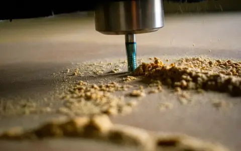 Frezarka CNC obrabia drewno, tworząc wióry. Optymalne parametry skrawania zapewniają precyzję i gładkość powierzchni.