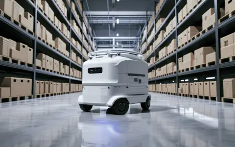 Nowoczesny robot AMR porusza się po magazynie pełnym paczek.