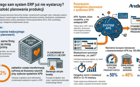 System ERP nie wystarcza. APS uzupełnia dane, tworząc dynamiczne harmonogramy produkcji, co poprawia jakość danych i efektywność.