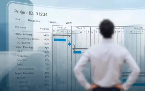 Mężczyzna analizuje wykres Gantta dla projektu aps. Widać postęp prac, zadania i harmonogram.