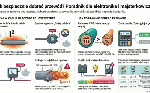 Wykres porównuje przekroje przewodów, pokazując, że grubszy przewód (np. 2.5 mm²) jest lepszy niż cieńszy (1.5 mm²), podobnie jak śruba 8.8 wytrzymałość zapewnia solidne połączenie.