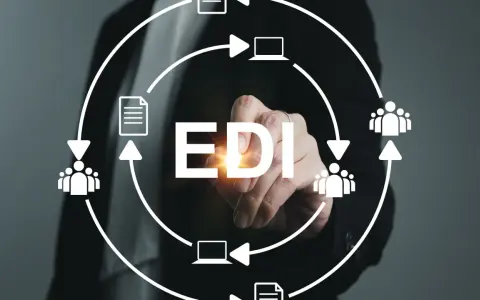 Ręka dotyka napisu EDI, otoczonego schematem przepływu danych między ludźmi i komputerami. System EDI usprawnia komunikację.