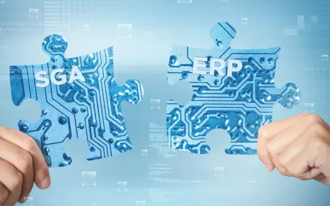 Dwie łamigłówki z motywem obwodów drukowanych, z napisami "SGA" i "ERP", łączą się, symbolizując integrację systemów w erp logistyka.