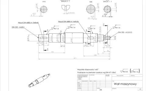 Rysunek techniczny wału maszynowego z wymiarami, tolerancjami i detalami, w tym wpustami i podcięciami. Widać tu również tabelę z danymi technicznymi, gdzie można znaleźć informacje o gwincie trapezowym.