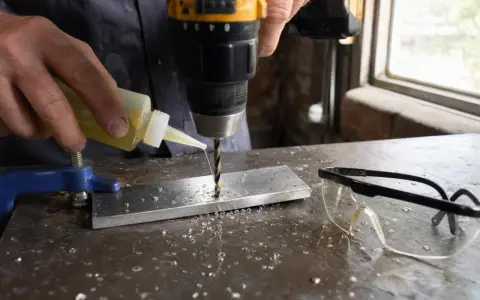 Wiertła do nierdzewki precyzyjnie wiercą w metalu, chłodzone płynem. Obok okulary ochronne.