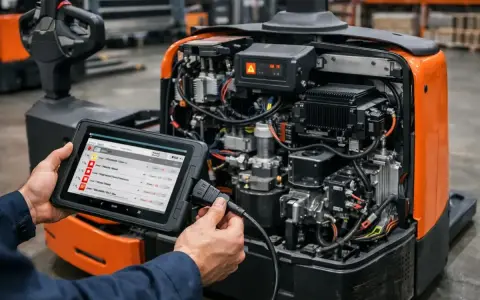Diagnostyka i naprawa paleciaka za pomocą tabletu. Technik podłącza urządzenie do otwartej maszyny, by sprawdzić jej stan techniczny.