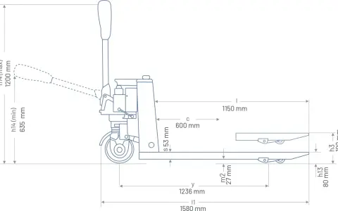 Schemat paleciaka z wymiarami: wysokość podnoszenia 1200 mm, długość 1150 mm, szerokość 600 mm.