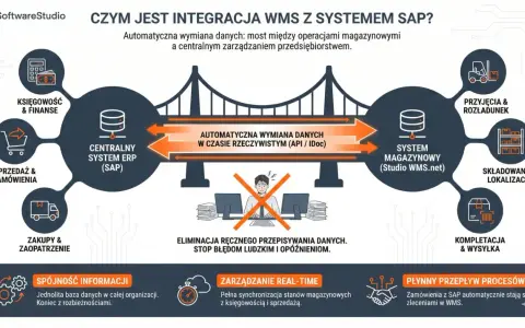 Diagram przedstawia integrację WMS z SAP, pokazując przepływ danych między systemami, usprawniając księgowość, sprzedaż, zakupy, przyjęcia, składowanie i wysyłkę.