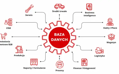 Centralna baza danych integruje hurtownię danych dla CRM, produkcji, logistyki, finansów, kadr, magazynu i innych.