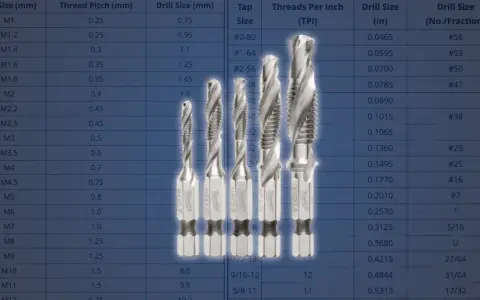 Zestaw wierteł i gwintowników, w tym skok gwintu M20, do precyzyjnej obróbki metali.