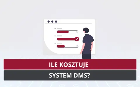 Ilustracja przedstawia mężczyznę patrzącego na ekran z paskami postępu, symbolizującymi wdrożenie systemu zarządzania dokumentami.
