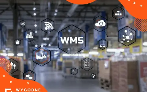 System WMS co to? Grafika przedstawia schemat zarządzania magazynem z ikonami symbolizującymi logistykę, chmurę, sieć i ludzi.
