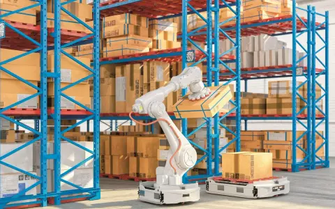 Nowoczesny magazyn z robotem i autonomicznym wózkiem, pokazujące innowacje w logistyce przykłady automatyzacji.
