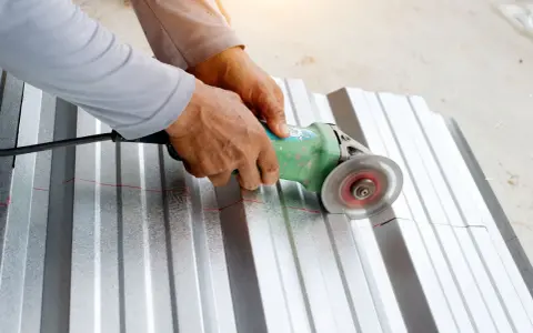 Ręce trzymają szlifierkę kątową, którą tnie się blachę aluminiową wzdłuż czerwonej linii.