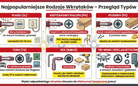 Przegląd rodzajów śrubokrętów: płaski, krzyżakowy (PH, PZ), Torx, imbus, Tri-Wing. Wybierz właściwy do pracy.