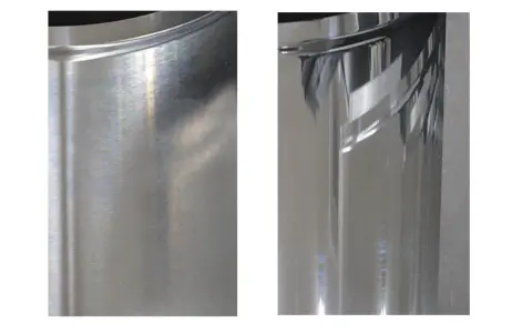 Dwa detale aluminiowe: jeden z widocznymi śladami po polerowaniu, drugi idealnie wypolerowany, lśniący.