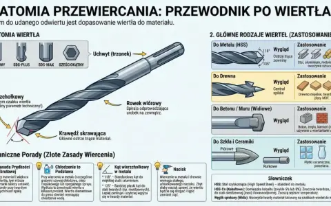Anatomia wiertarki stołowej: budowa, rodzaje wierteł do metalu, drewna, betonu, szkła i ceramiki, oraz porady.