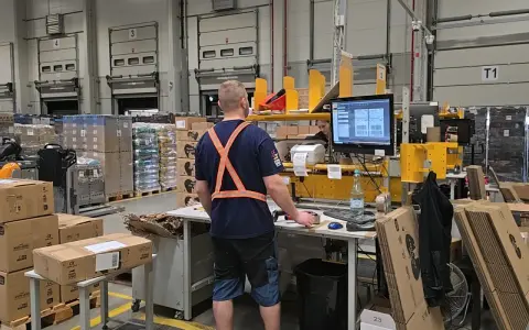 Pracownik w magazynie produkcyjnym przy stanowisku komputerowym, otoczony paletami z towarami i bramami dokowymi.