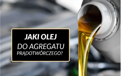 Złoty olej płynie z pojemnika, a na czarnym tle widnieje napis: "Jaki olej do agregatu prądotwórczego?".