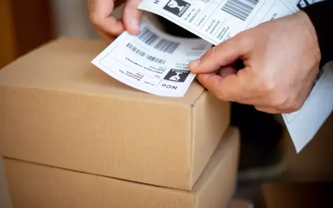 Ręce przygotowują etykiety z kodami kreskowymi do wysyłki. Automatyczna identyfikacja danych ułatwia proces.