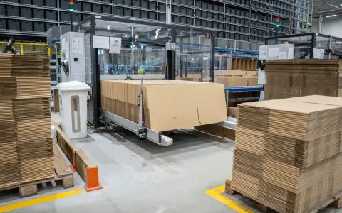 Automatyczna linia pakująca w centrum logistycznym. Stosy kartonów czekają na wypełnienie.
