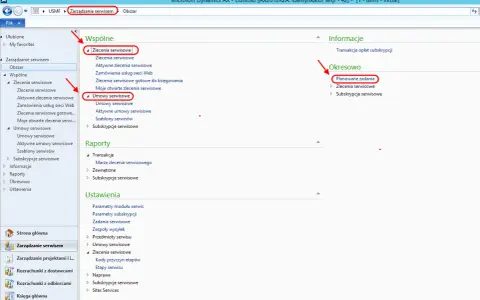 W Microsoft Dynamics AX 2012, w sekcji "Okresowo" widoczne są "Planowane zadania" dotyczące zleceń i subskrypcji serwisowych.