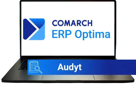 Laptop z logo Comarch ERP Optima i napisem "Audyt". To kluczowy element analizy przedwdrożeniowej.