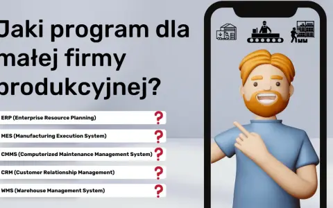 Wybór odpowiednich systemów zarządzania produkcją dla małej firmy. Grafika przedstawia opcje: ERP, MES, CMMS, CRM, WMS.