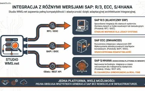 Studio WMS.net integruje różne wersje SAP (R/3, ECC, S/4HANA) przez RFC, IDOC, BAPI i OData/REST API, zapewniając płynną wymianę danych.