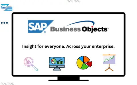Ekran z logo SAP Business Objects i hasłem "Insight for everyone. Across your enterprise." Obok ikony lupy z wykresem, komputera z danymi, wykresu kołowego i tablicy z rosnącym wykresem.