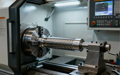 Precyzyjne radełkowanie na tokarce CNC, tworzące spiralny wzór na metalowym wałku.
