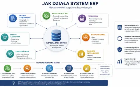Schemat działania systemu ERP, ukazujący moduły (finanse, kadry, produkcja, zakupy, magazyn, sprzedaż, BI) połączone ze wspólną bazą danych. To kluczowy element sprawnego systemu zaopatrzenia.