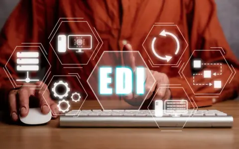 Elektroniczna wymiana danych (EDI) w praktyce: ikony symbolizujące serwery, procesy, dane i technologię.