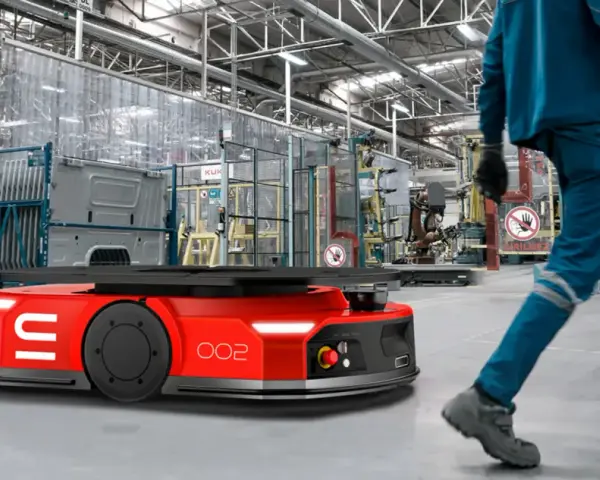 Czerwone roboty AGV poruszają się po hali produkcyjnej, gdzie pracownicy w niebieskich kombinezonach nadzorują procesy.