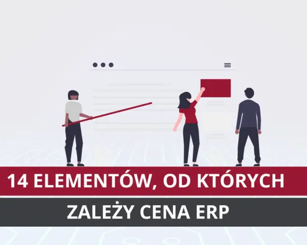 Trzy postacie analizują dane na ekranie, sugerując kluczowe elementy wpływające na cenę systemu Oracle ERP.