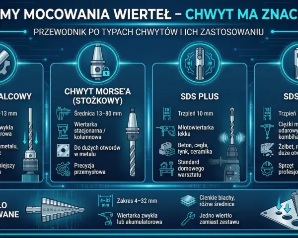 Przewodnik po rodzajach mocowań wierteł: walcowy, Morse'a, SDS Plus i SDS Max, z ich zastosowaniami.