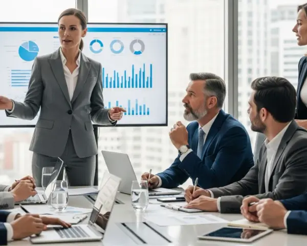 Kobieta prezentuje dane finansowe, omawiając strategię firmy, która może obejmować analizę SAP JPK. Zespół słucha uważnie.